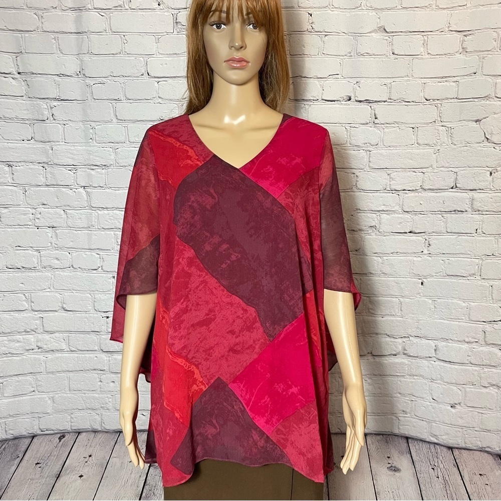 H by Halston Red Sheer Layered V-Neck Tunic Top | Size 1X